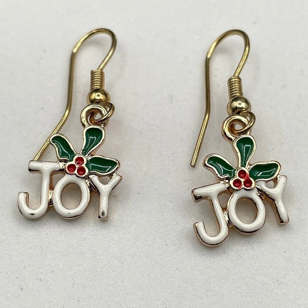 Vintage Gold Tone Christmas Joy Holly Enamel Dangle Earrings Holiday Festive Y2K